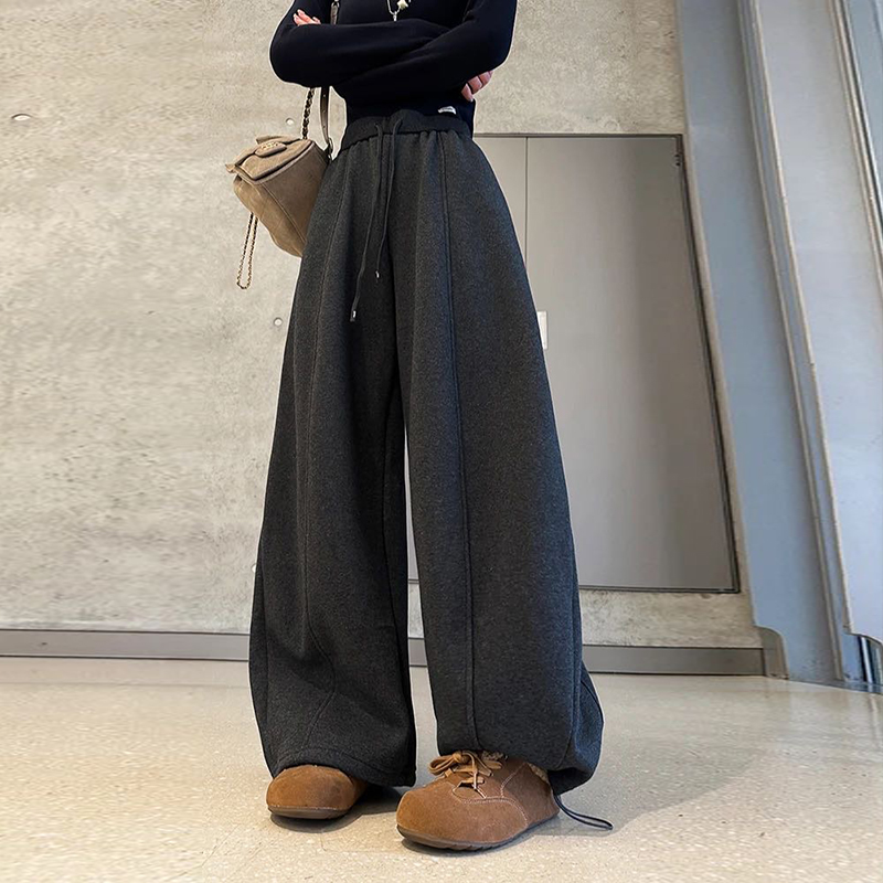 灰色运动裤女秋冬2025新款高腰宽松垂感百搭加绒休闲直筒阔腿卫