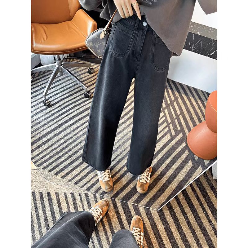 设计感别致前口袋直筒牛仔裤早秋新款小个子高腰显瘦九分阔腿裤
