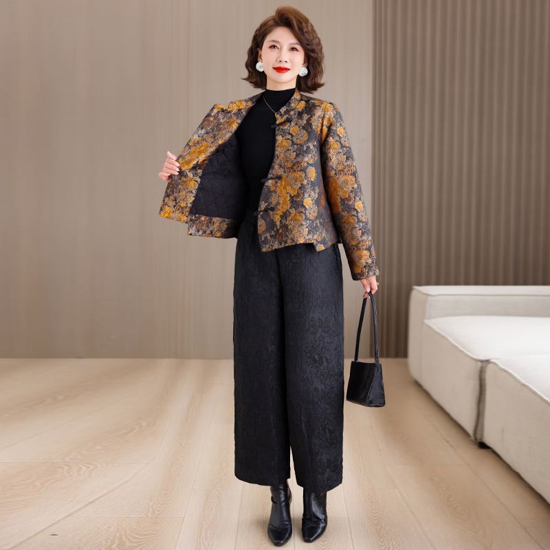 新中式国风套装短外套复古保暖夹棉百搭气质上衣裤子妈妈装两件套