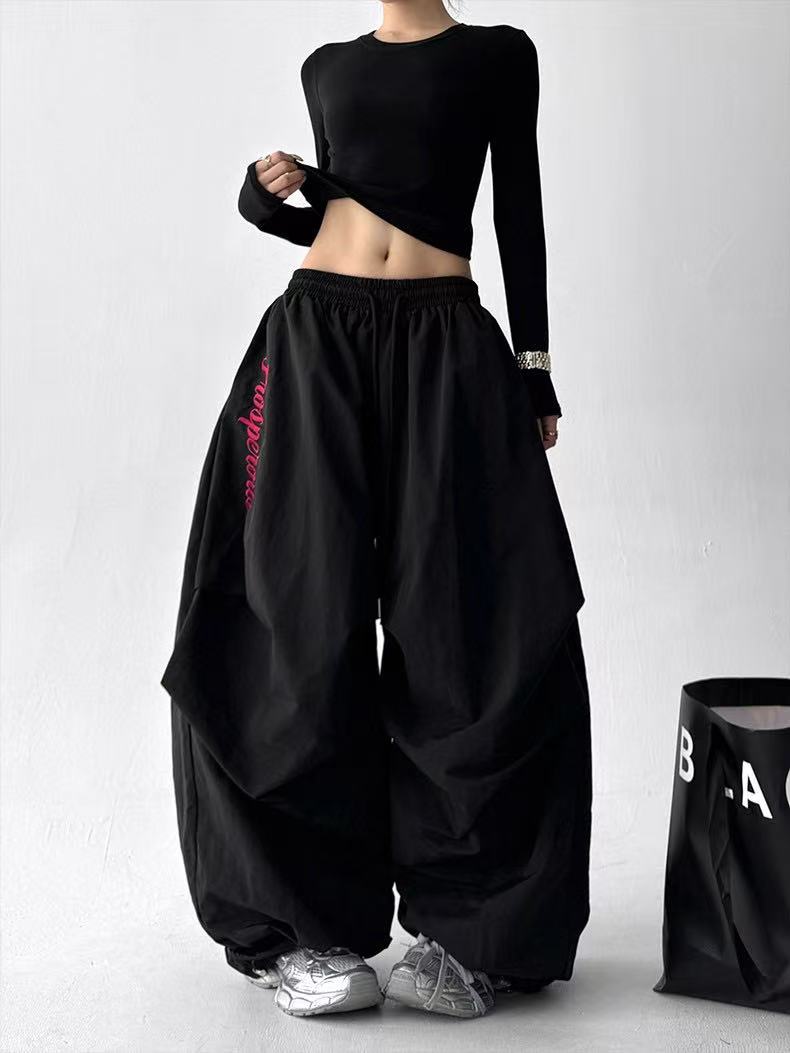 2025冬季新款加绒美式嘻哈街舞阔腿裤女宽松垂感高个子休闲滑雪裤