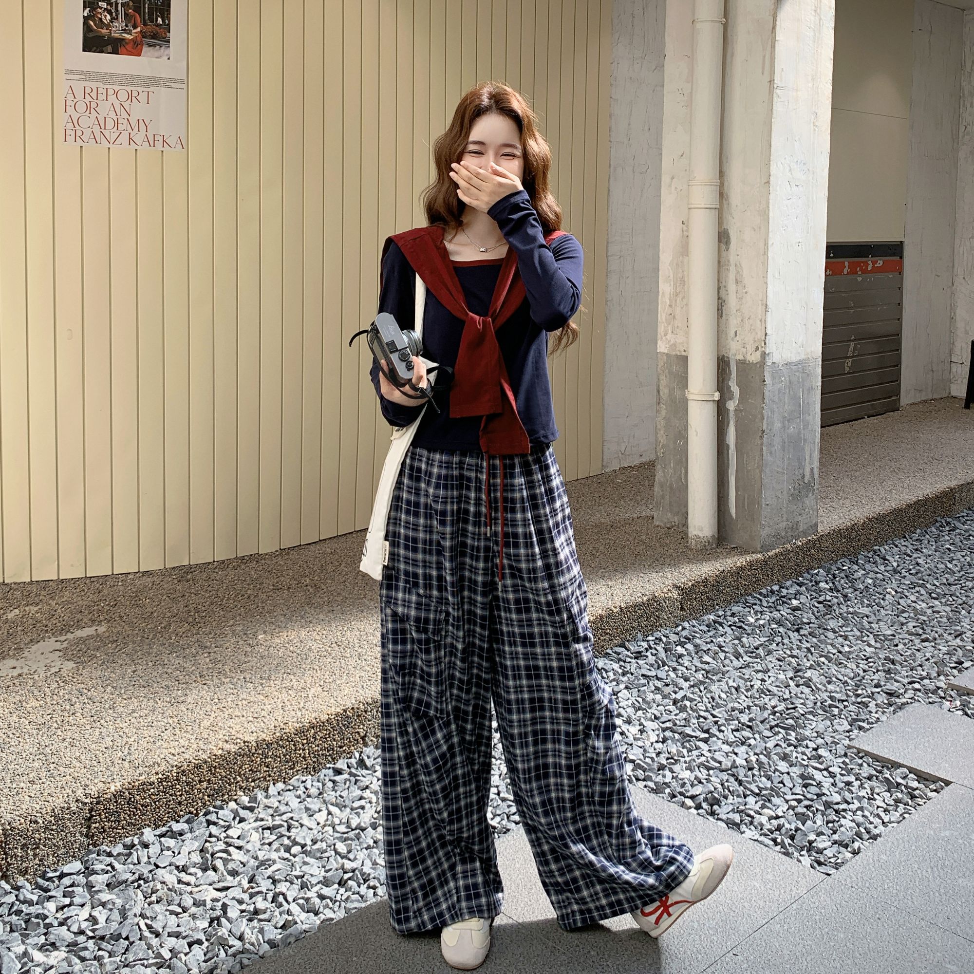 休闲风时尚百搭显瘦套装女秋季新款个性减龄上衣格子高腰裤两件套