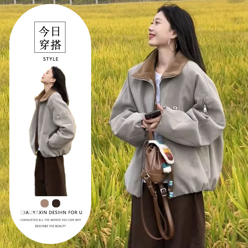 2025秋冬设计感美式复古翻领短外套女拉链棒球服夹克休闲裤子套装