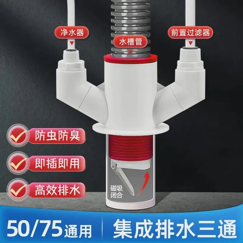 九牧王厨房下水管三通排水管道防臭厨卫通用密封接头净水器防臭器