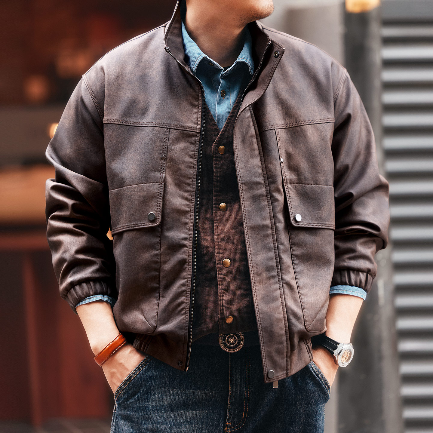 格蓝鹿美式复古硬汉机车风立领皮衣男士短款秋季新款宽松夹克外套