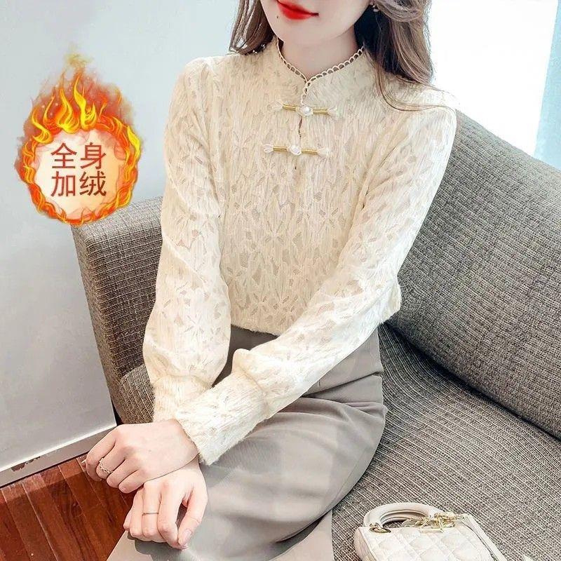 秋冬小立领蕾丝打底衫女新款时尚修身立领加绒衬衫洋气遮肚子上衣