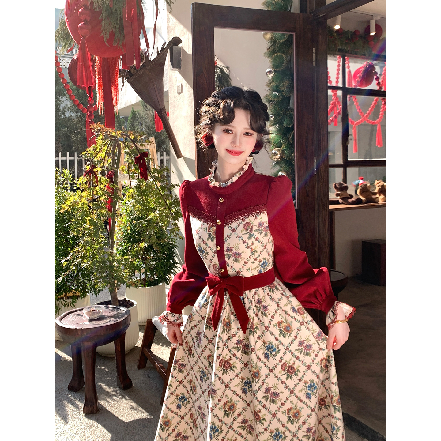 一生罗曼【花街游行】法式加绒假两件红色订婚结婚显瘦连衣裙L1636