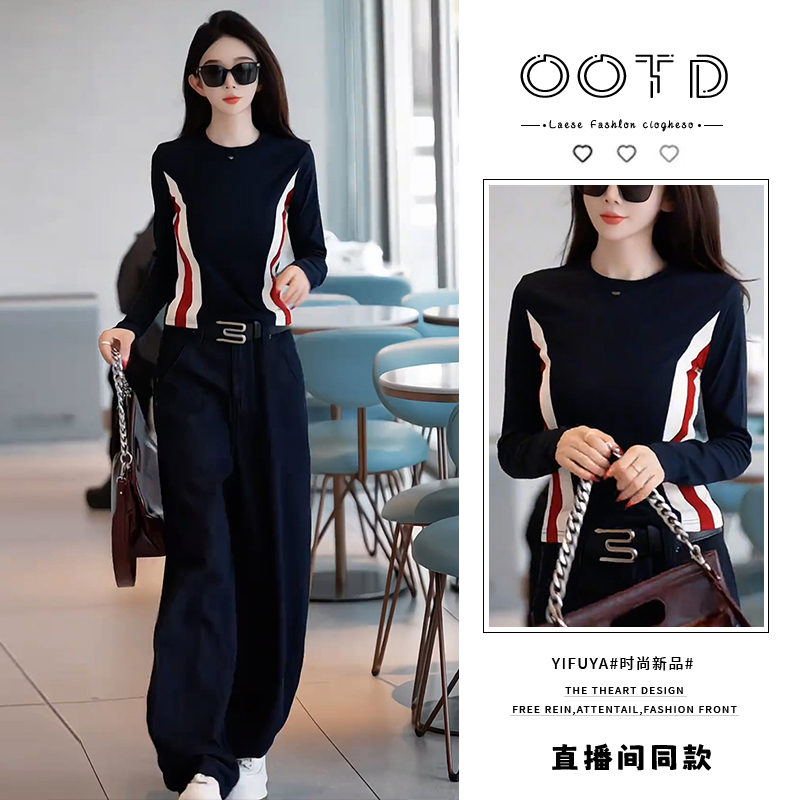 高含棉美式复古高级感长袖t恤女2025年秋冬新款拼接撞色遮肉上衣