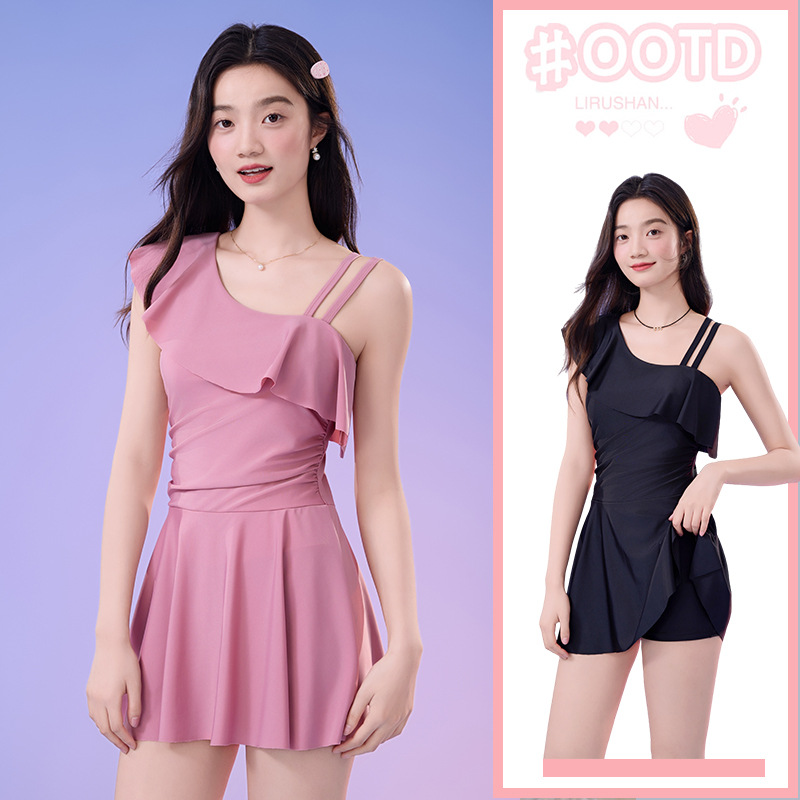 新款时尚单肩木耳边保守裙式连体泳衣修身显瘦平角裤温泉连体泳装