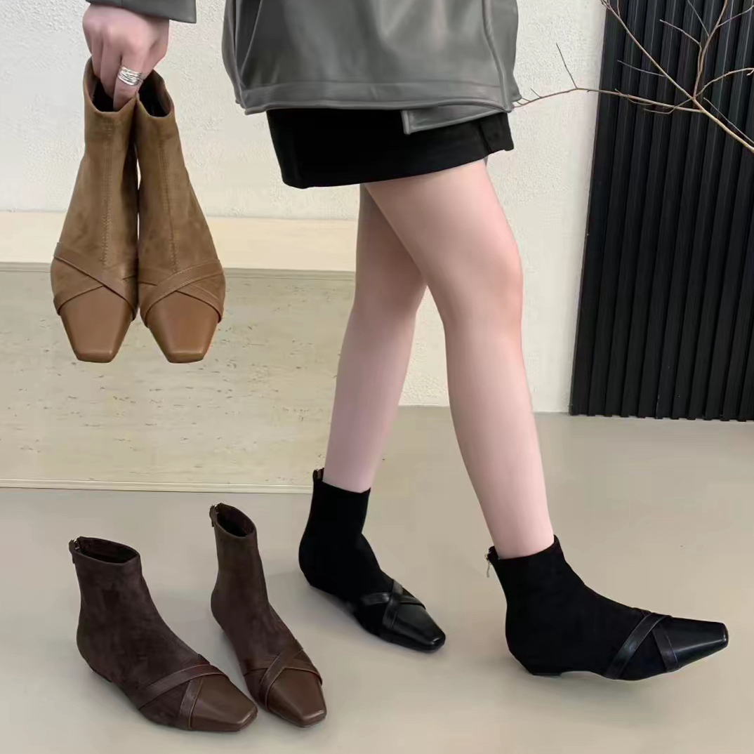 2025新款巨好看短靴女款时尚洋气低跟小踝靴方头弹力瘦瘦靴