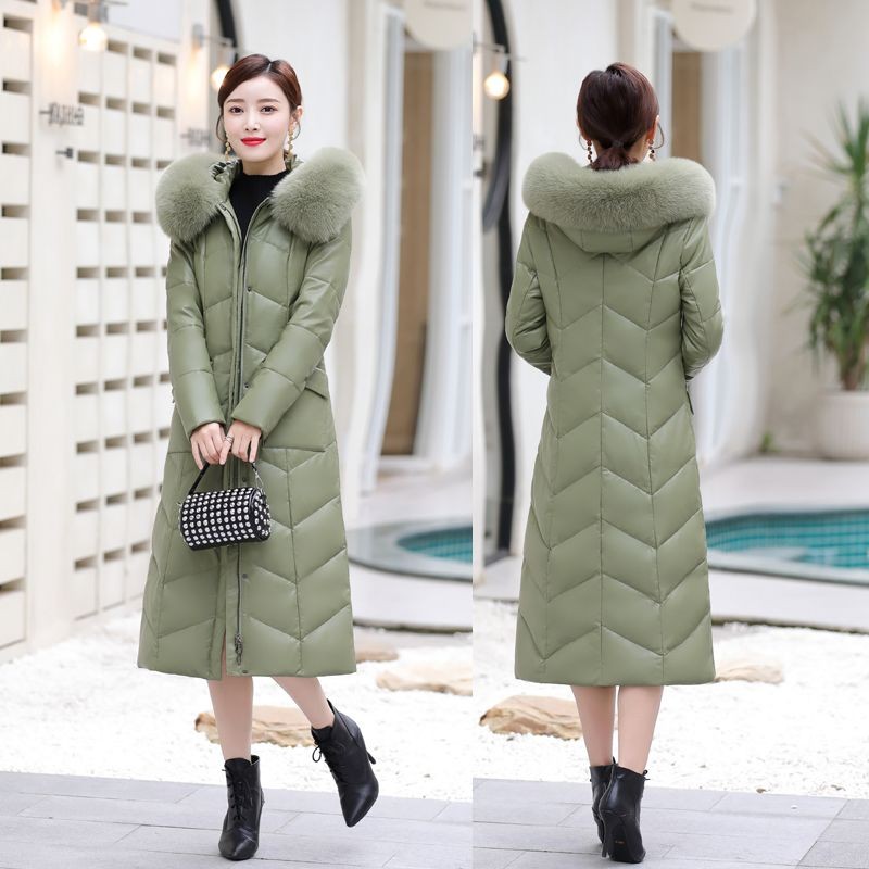 海宁真皮羽绒服女士绵羊皮加厚过膝修身连帽狐狸毛领皮衣外套