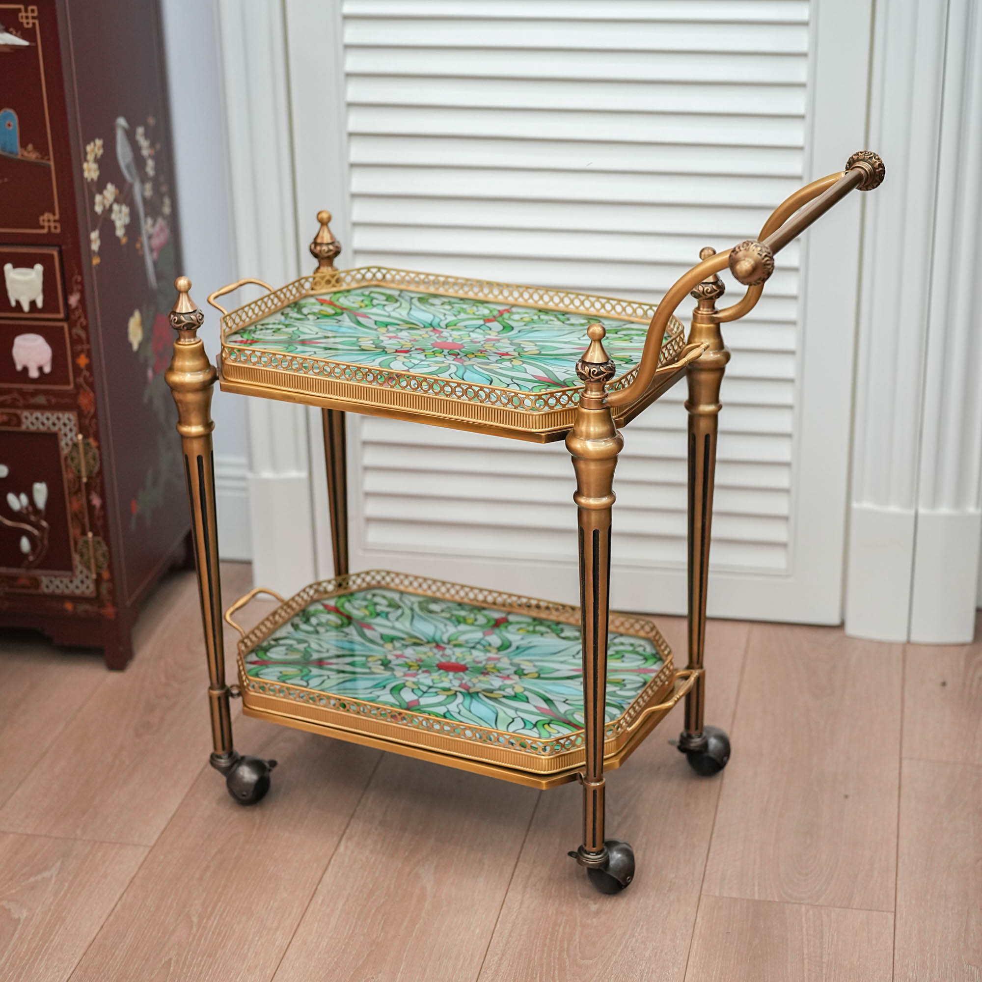 【奇居铜瓷】黄铜丝印钢化玻璃双层托盘可移动角几酒车#GY 新