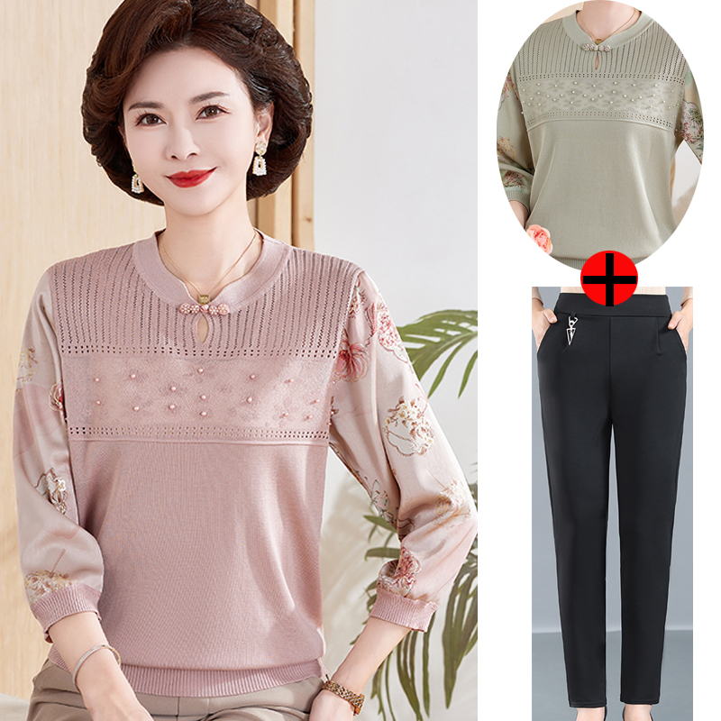 妈妈夏装纱袖T恤洋气2025新款中老年女春夏冰丝上衣薄款小衫