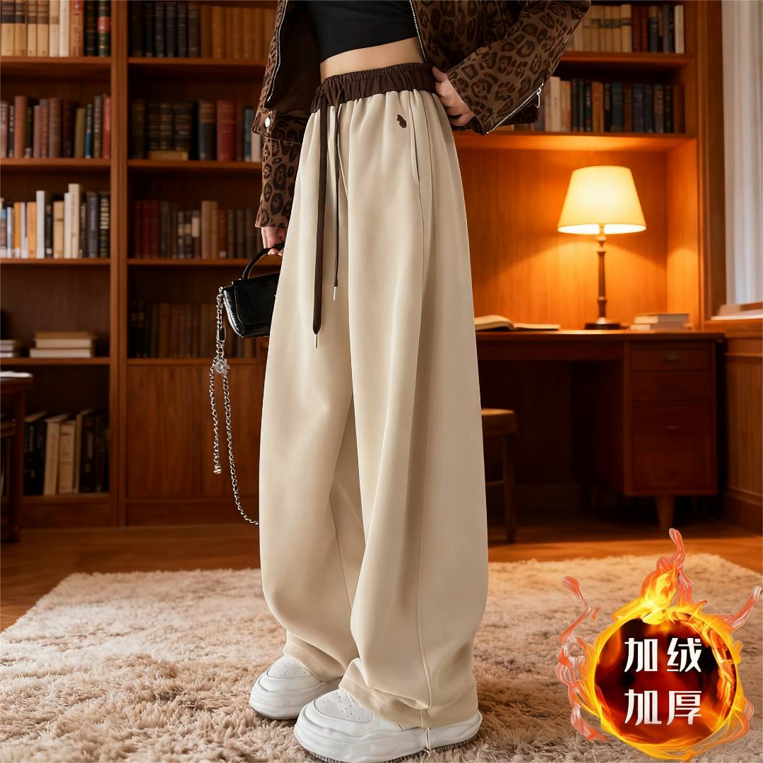 2025新款秋冬加绒加厚款高腰宽松弯刀显瘦刺绣卫裤直筒阔腿裤