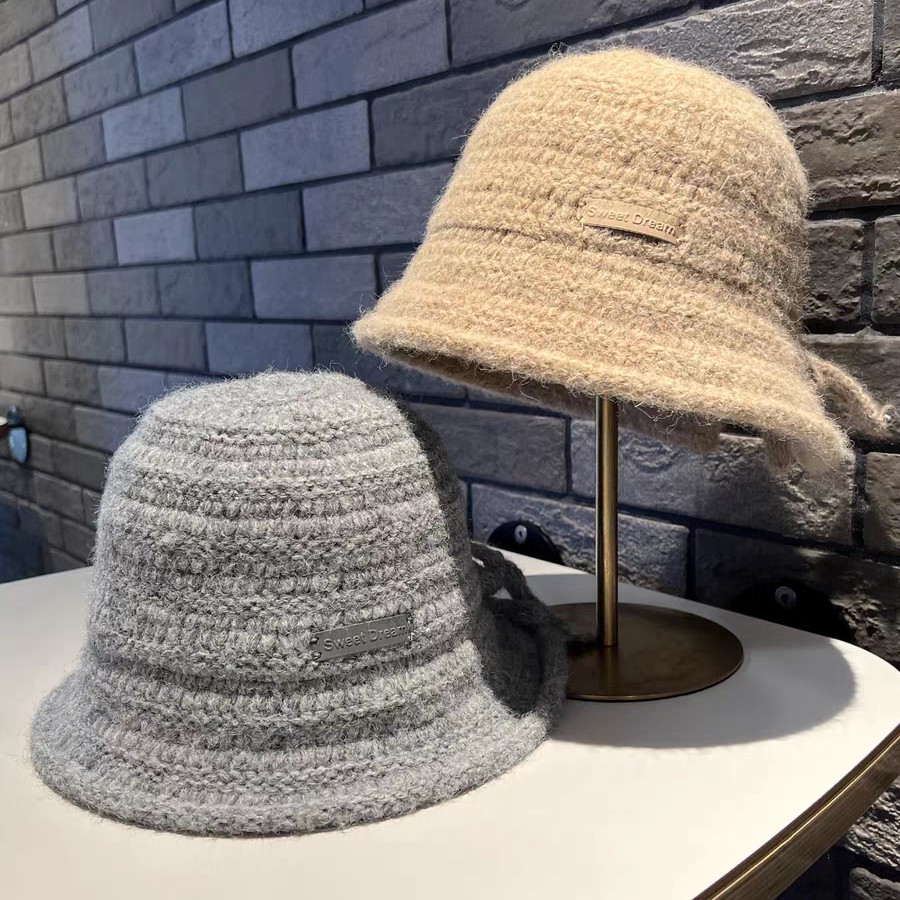 日系开叉蝴蝶结针织渔夫帽子女秋冬季新款保暖显脸小防寒女款盆帽