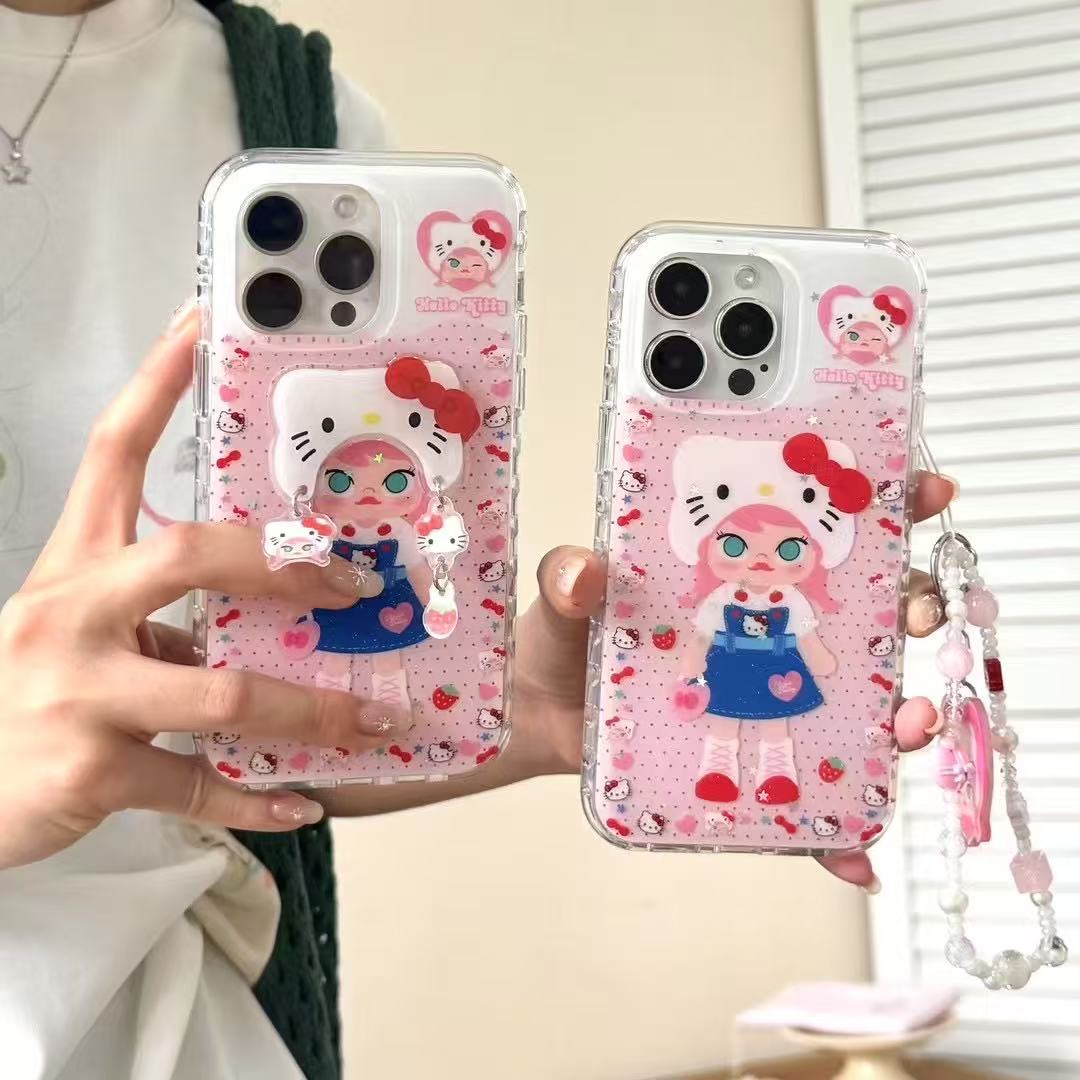 可爱粉波点草莓kt猫头套女孩适用苹果16promax手机壳iPhone14/13