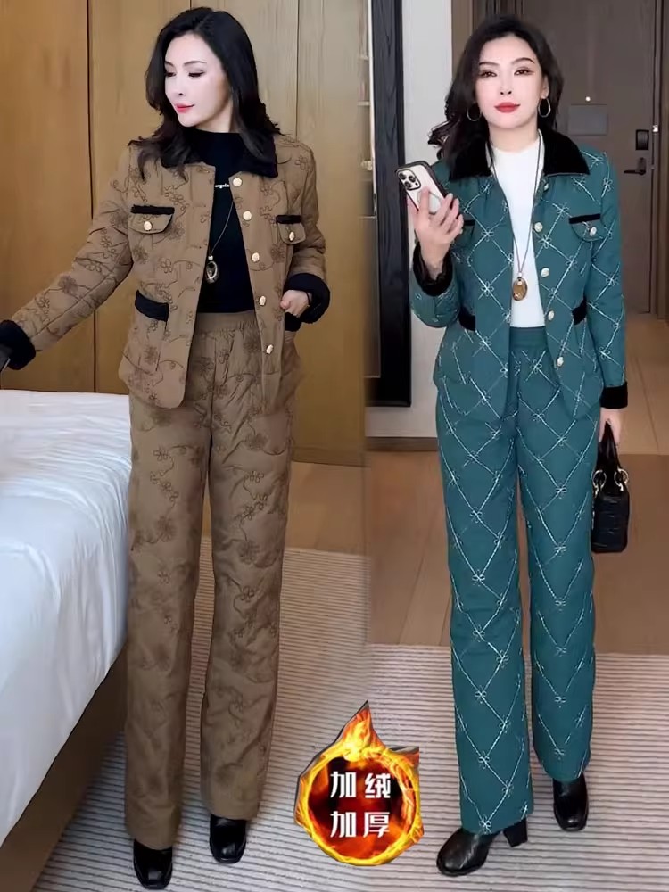 加绒加厚时尚套装女2025冬季新款洋气小香风棉衣外套阔腿裤两件套