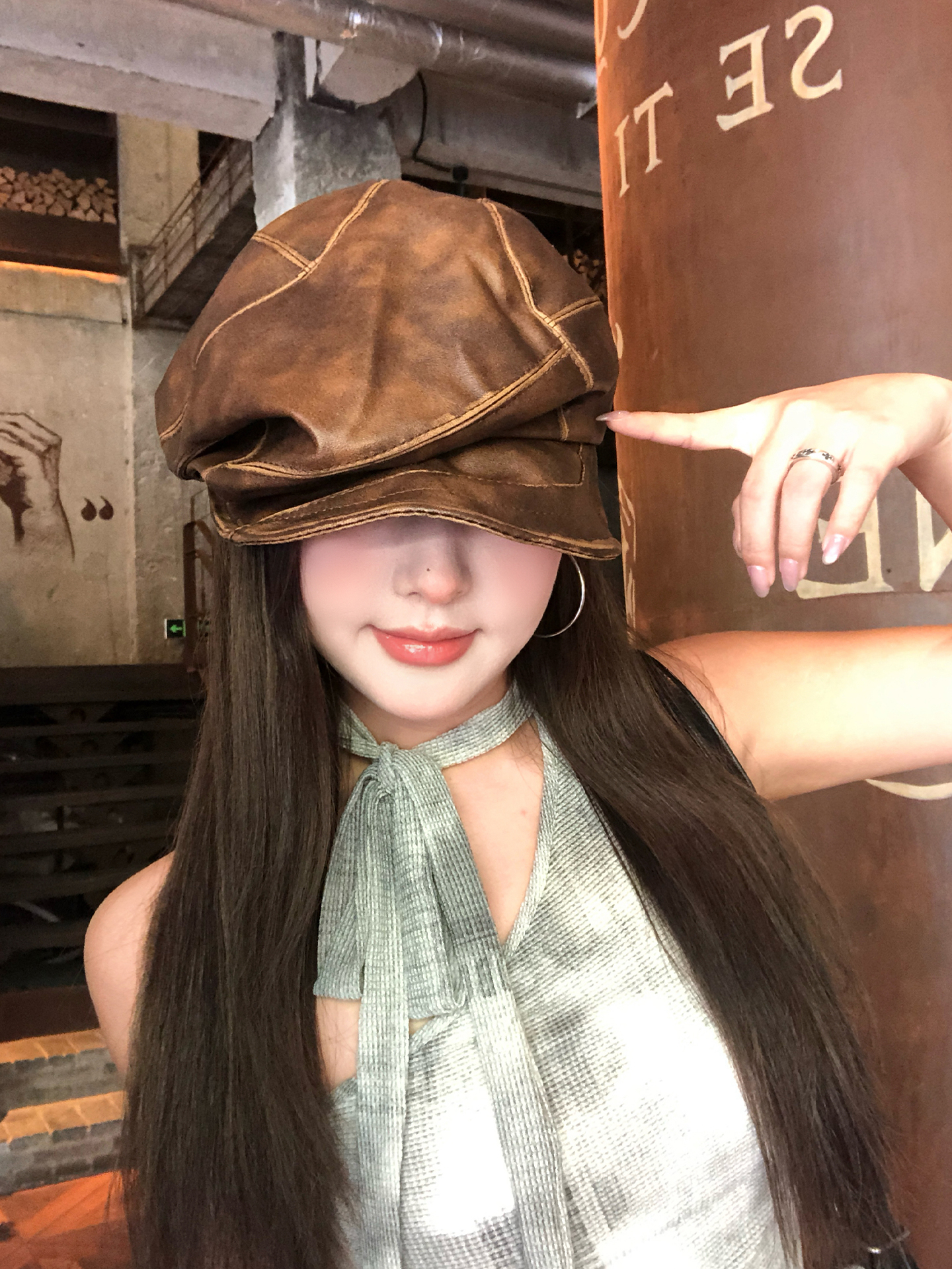 褶皱英伦复古废土风PU皮质贝雷帽女春秋街头辣妹个性显脸小八角帽