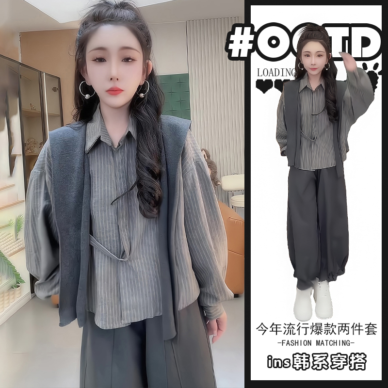 秋季一整套女2025新款韩版减龄气质长袖衬衫高腰显瘦休闲裤两件套