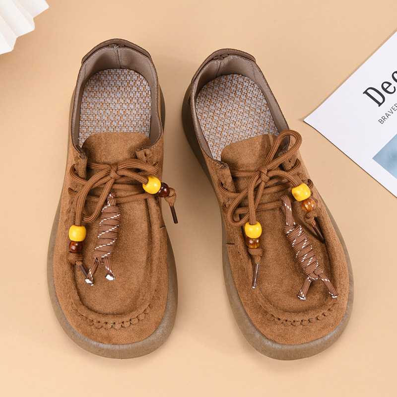 新款复古厚底袋鼠鞋单鞋女2025新款秋季女款休闲懒人系带勃肯鞋