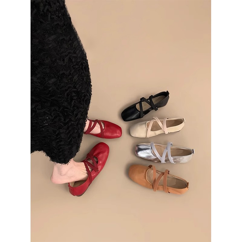 羊皮版~法式交叉带红色玛丽珍鞋平底单鞋女浅口晚风仙女芭蕾舞鞋