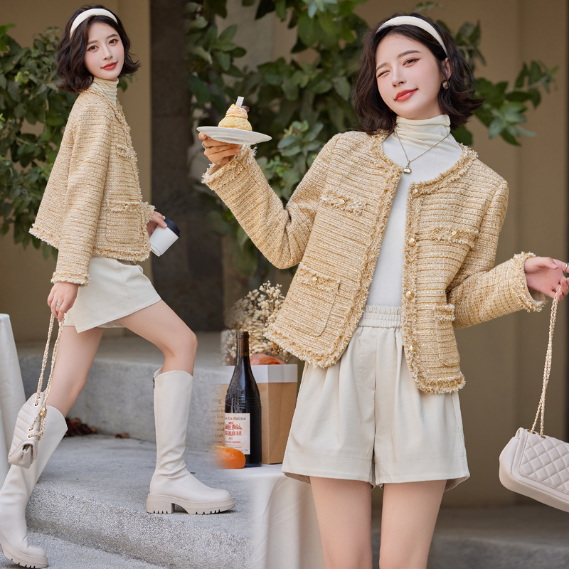 2025新款秋装法式流苏重工珠片香槟色外套含30毛