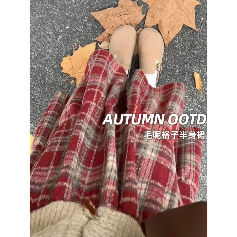 毛呢格子半身裙女中长裙春秋冬胖mm大码高腰显瘦a字圣诞红蛋糕裙
