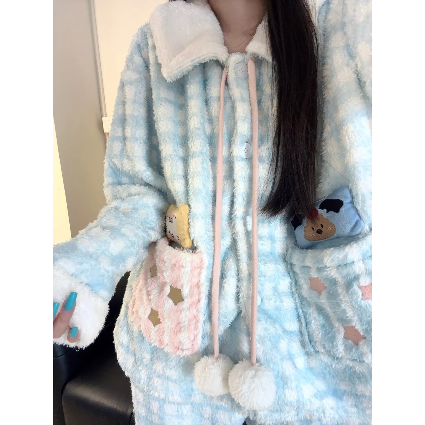 韩系可爱甜美小熊珊瑚绒睡衣女秋冬新款加绒加厚可外穿家居服套装