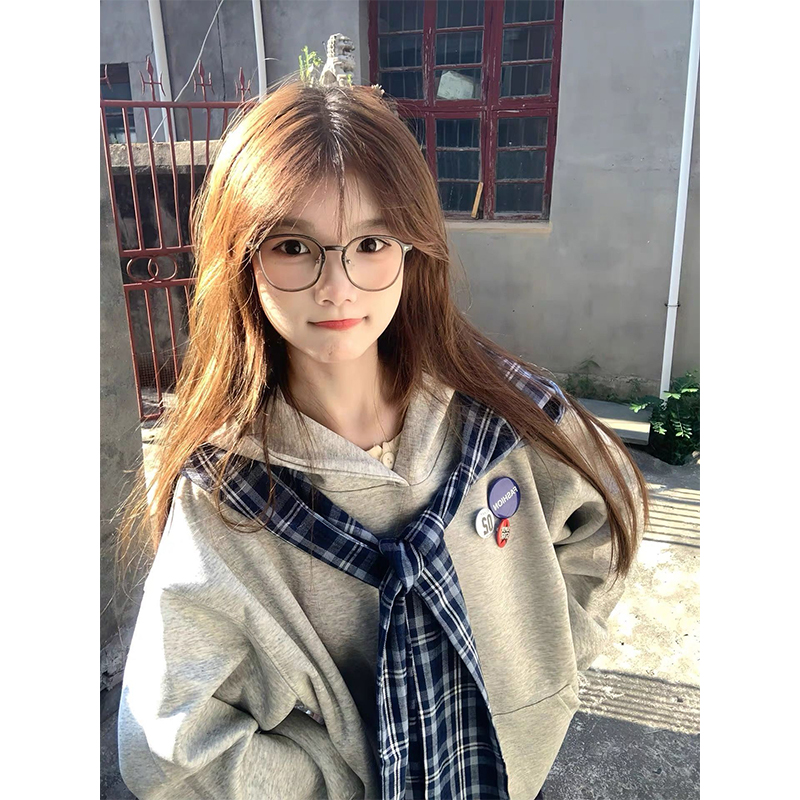 美式复古格子披肩徽章连帽卫衣男女秋冬情侣宽松百搭帽衫潮#WY117