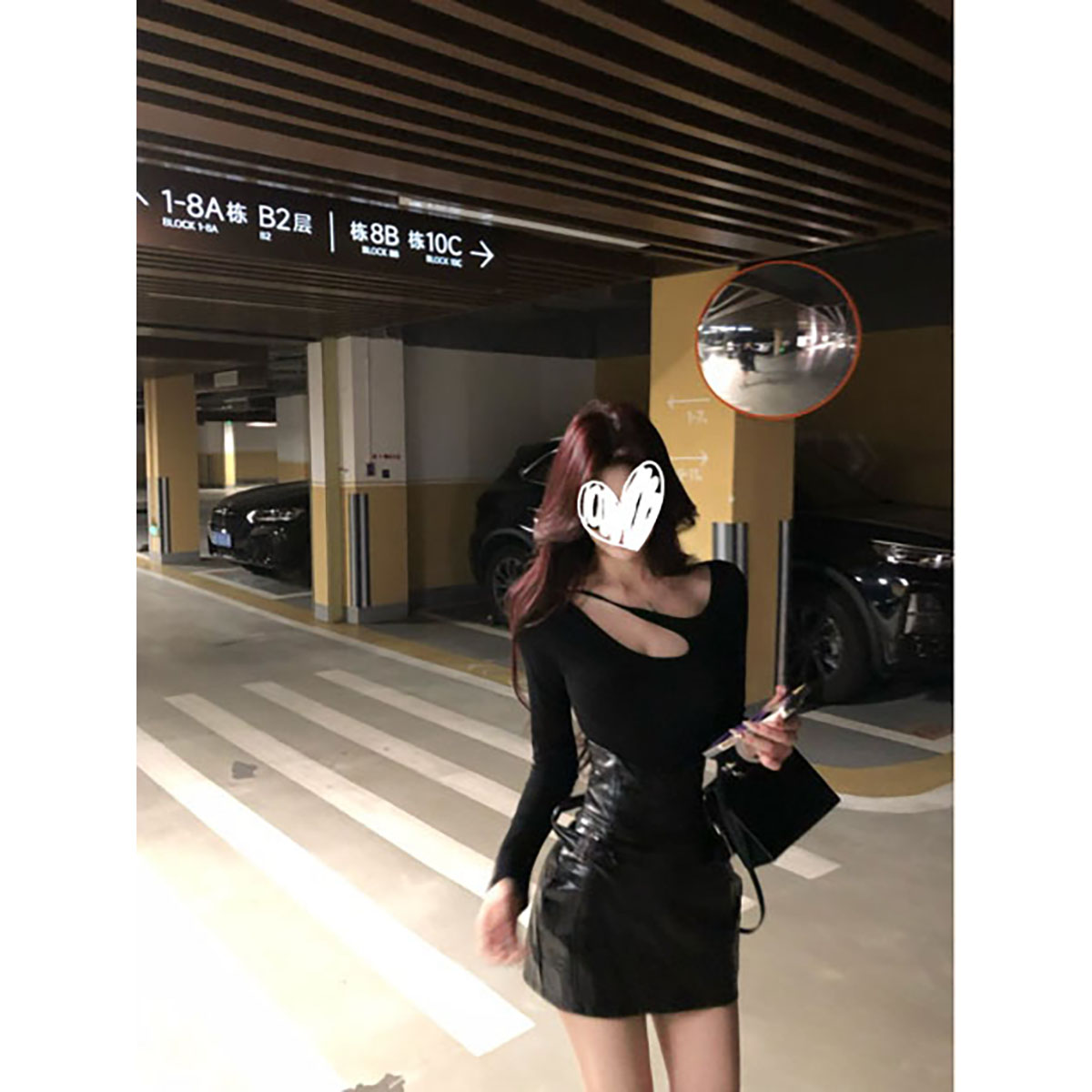 纯欲辣妹镂空长袖T恤上衣女秋季新款高腰修身显瘦半身短皮裙套装