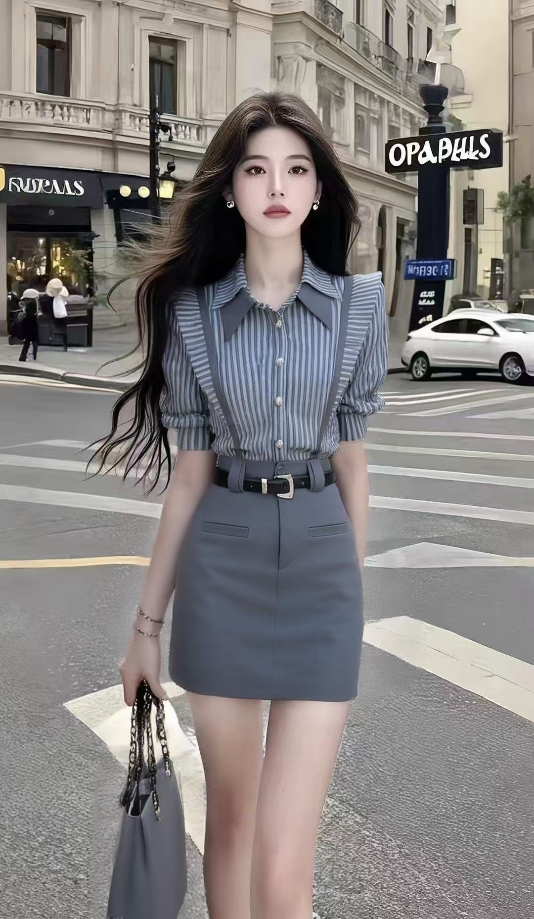 时尚新款休闲风OL条纹灰色短袖衬衫上衣+灰色包臀百搭半身裙套装