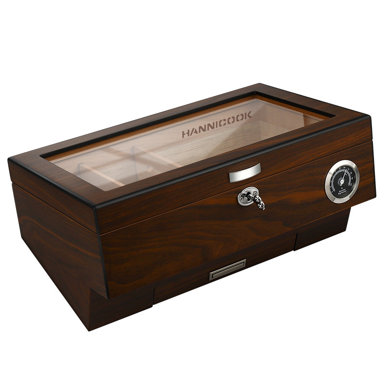 HANNICOOK雪茄保湿盒分区大容量储存雪松木醇化烤漆透视天窗养茄