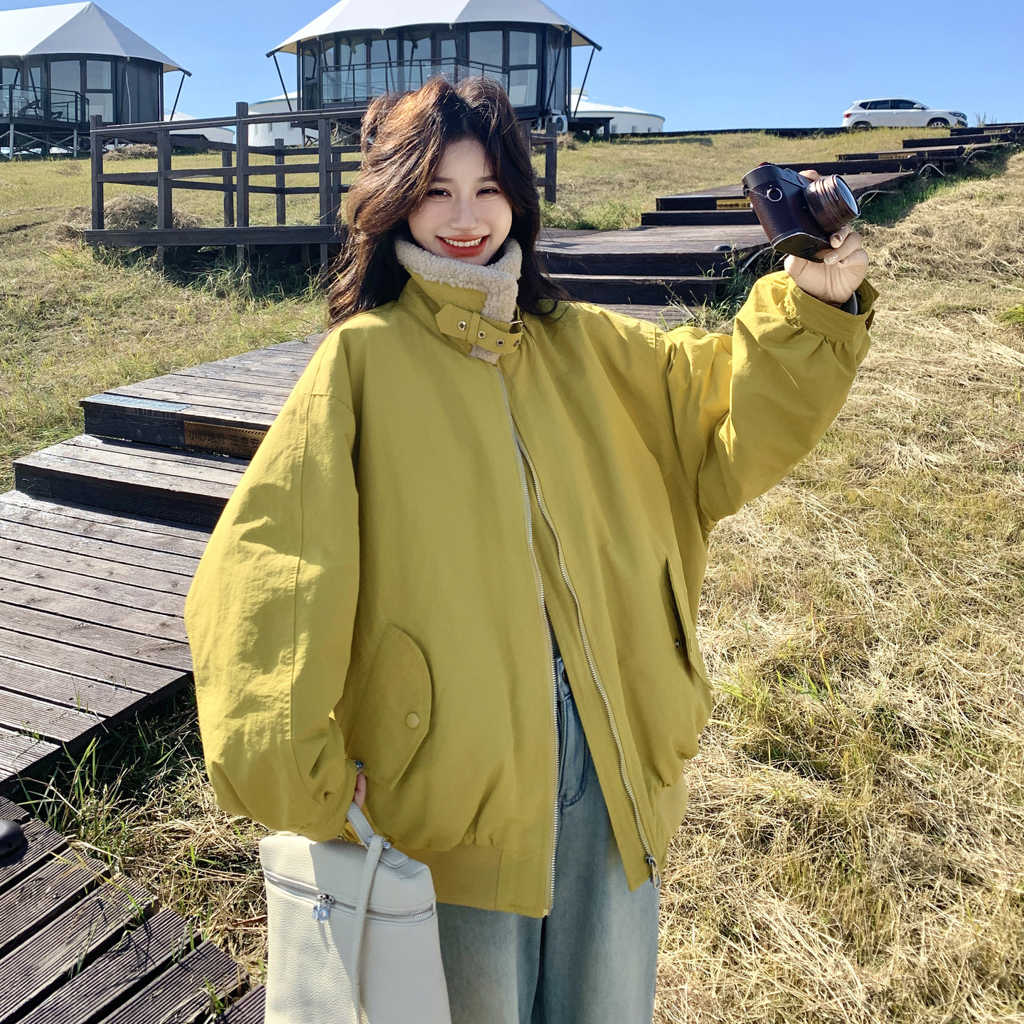 黄色复古风翻毛领工装轻暖羽绒服女2025冬季新款90白鸭绒派克外套