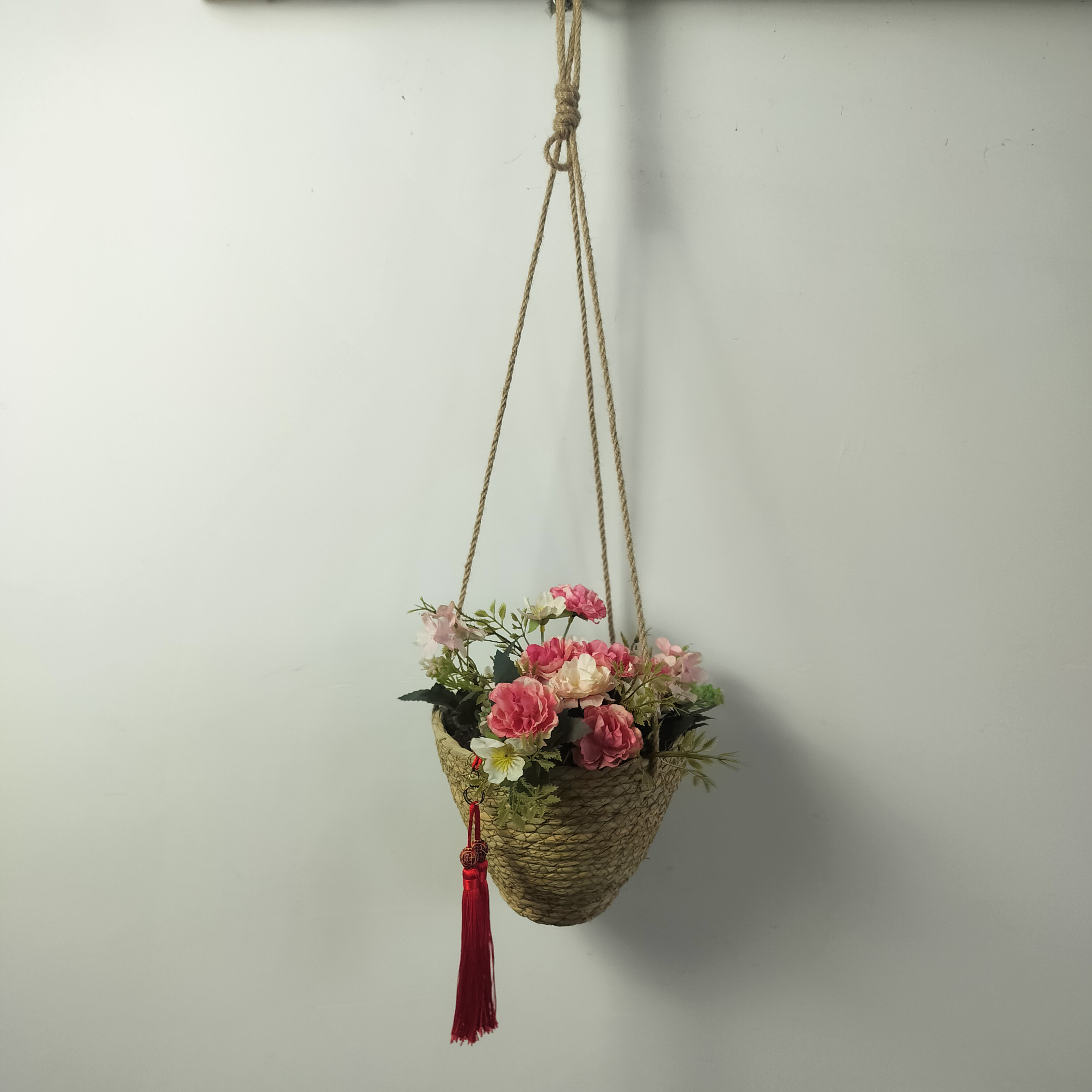 田园风手工草编尖底吊篮，挂墙装饰垂吊式花盆花篮适合编织篮手提