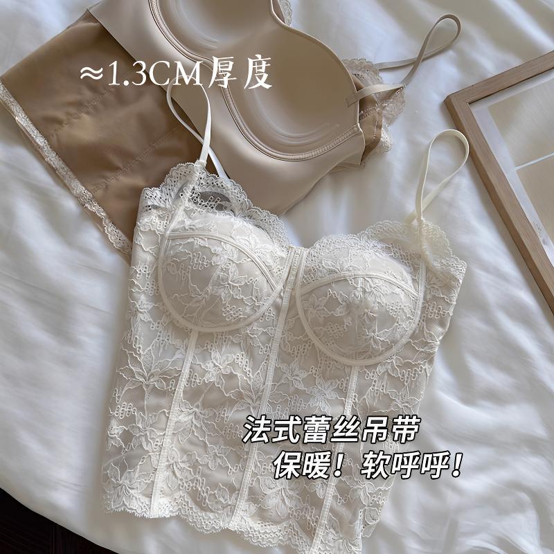 甜蜜内核 蕾丝美背吊带背心女士带胸垫磨毛保暖内衣内搭外穿上衣