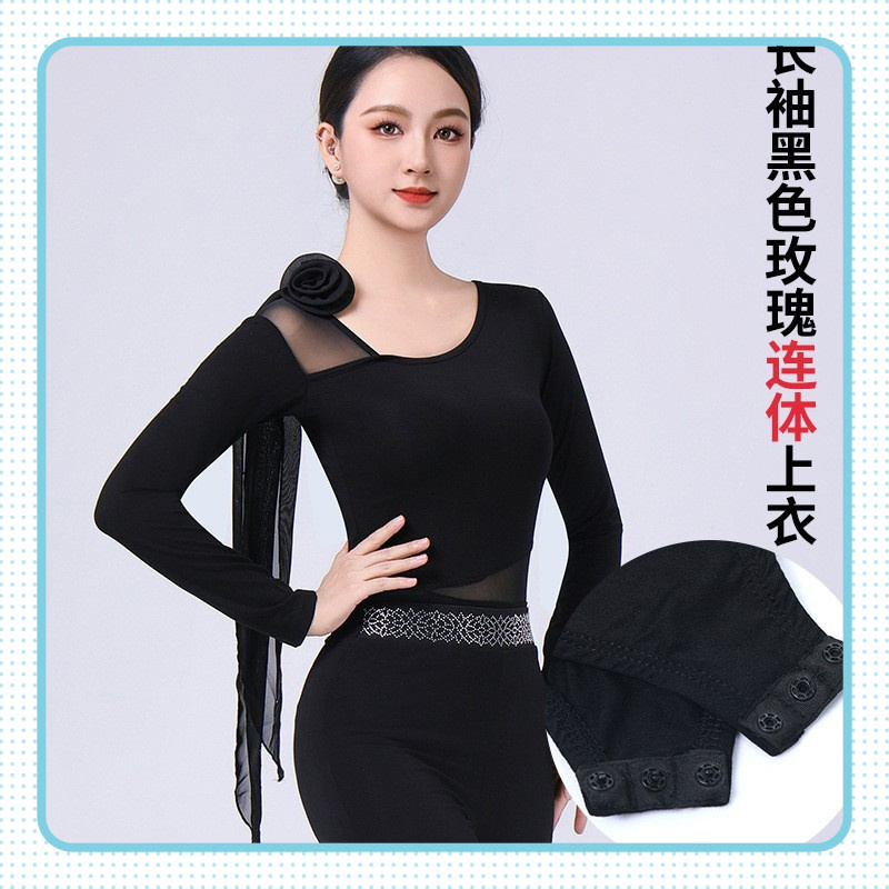 新款时尚现代拉丁练功服舞衣女成人摩登舞蹈服上衣网纱性感古典风