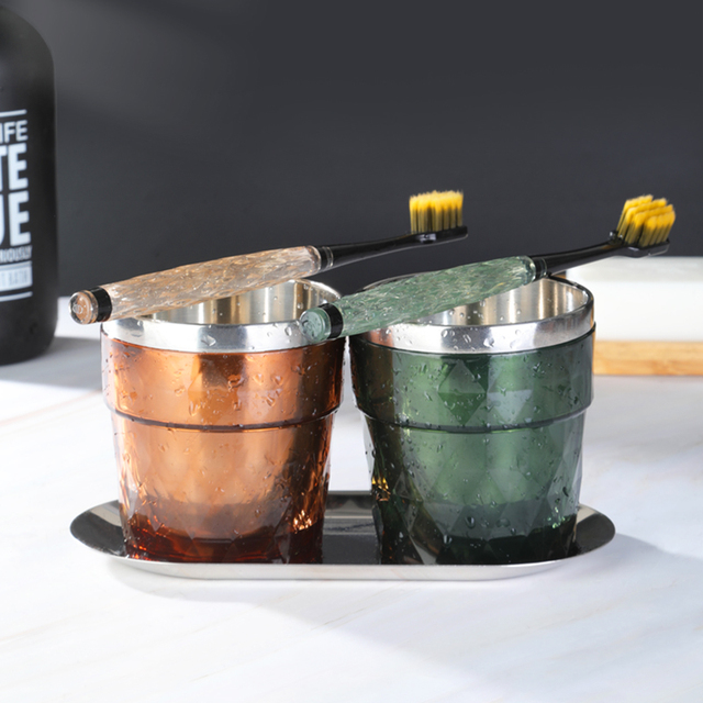 日本304双层不锈钢牙刷杯小型新款漱口杯情侣轻奢牙杯牙具杯套装