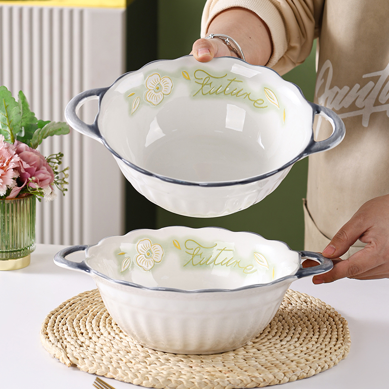 句途金枝玉叶2个10.5英寸花边双耳锅汤锅加厚防烫汤盆釉下彩汤碗