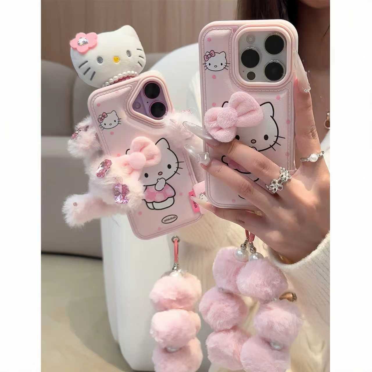 卡通可爱俏皮KT猫适用iPhone16promax苹果17鼓包手机壳15挂绳1211