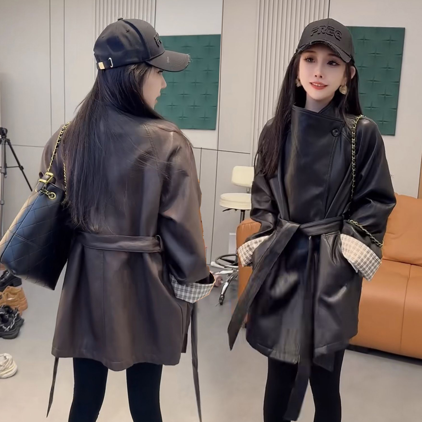 时尚休闲百搭PU皮衣2025春秋新款中长款上衣女宽松风衣显瘦皮外套