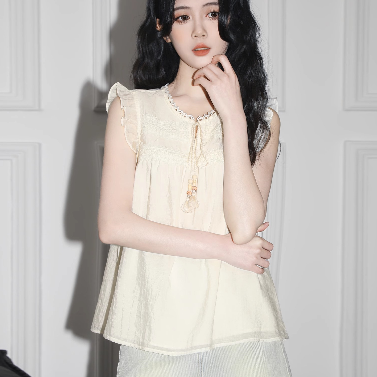 大码女装法式小飞袖衬衫女夏季胖MM无袖娃娃衫遮肚子衬衣别致上衣