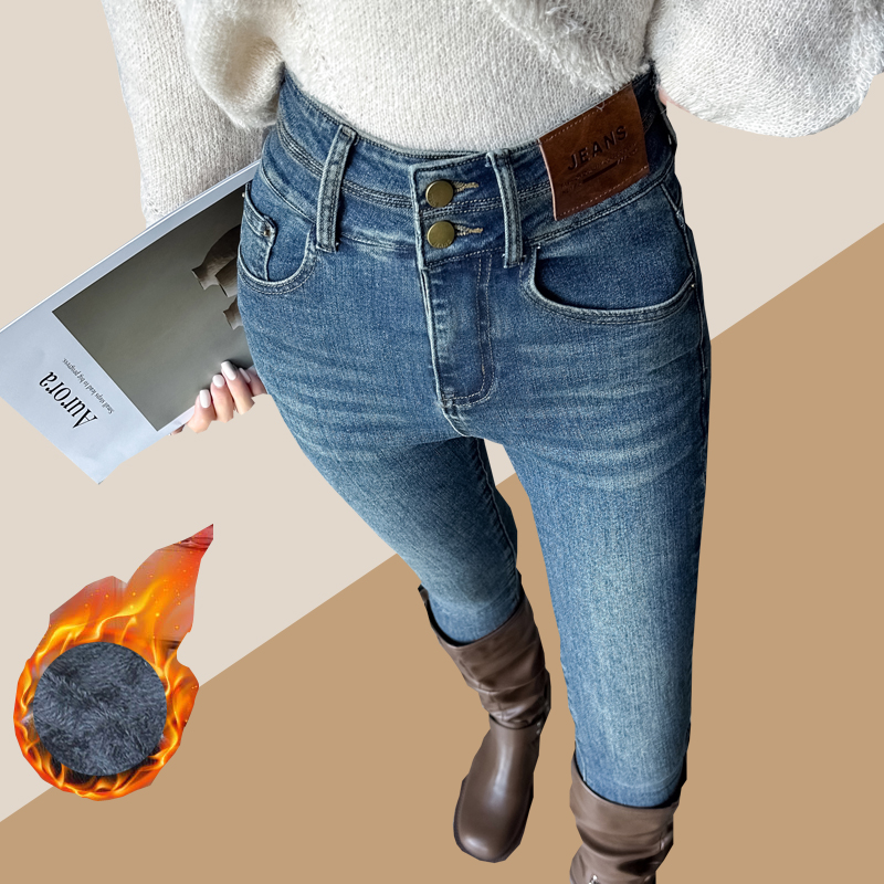 加长加绒裤子女高个子小脚牛仔裤秋冬2025新款高腰显瘦两扣铅笔裤