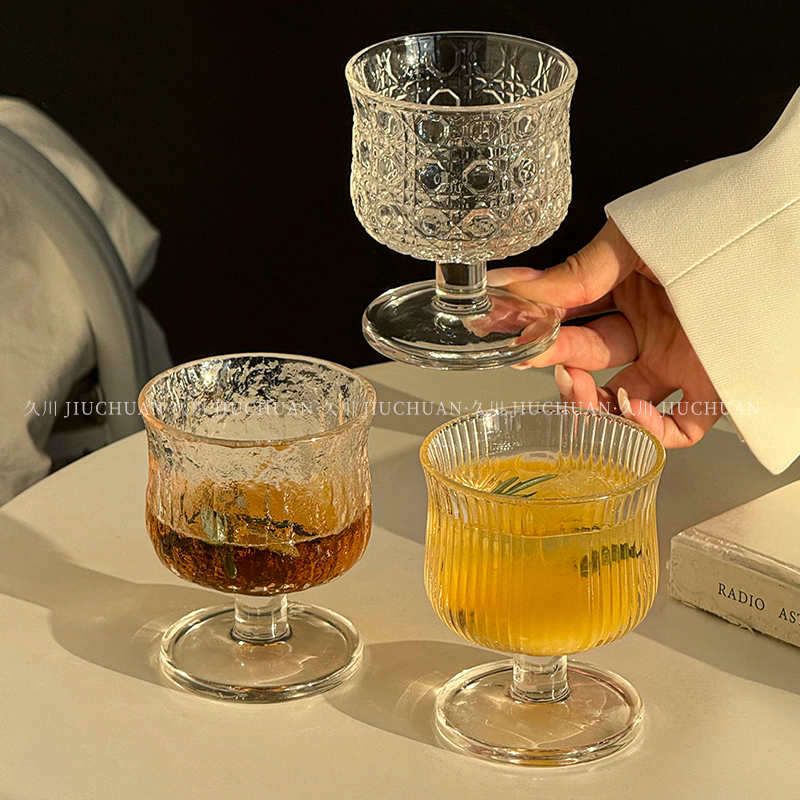 复古ins风玻璃高脚杯轻奢高颜值果汁红酒杯鸡尾酒杯冰美式咖啡杯