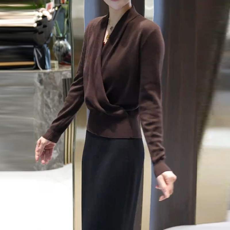 高级感交叉V领短款时尚气质女2025新款秋装巨好看轻熟纯色上衣