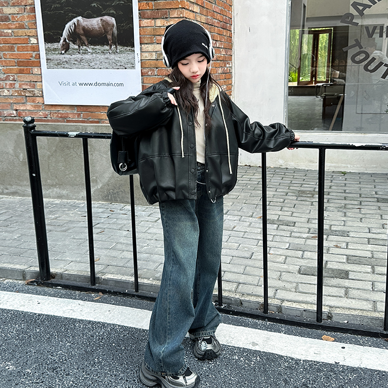 女童中大童春秋新款阔版宽松百搭休闲时尚穿搭皮衣外套
