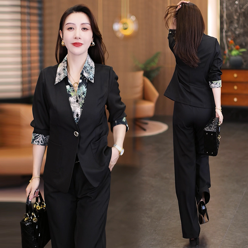 黑色套装女2025秋季新款洋气质衬衣上衣显瘦西服阔腿裤两件套