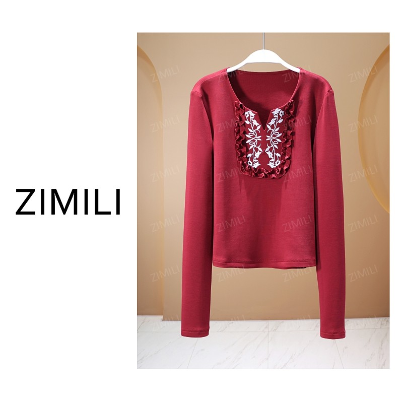 【亮哥女装】2025欧版木耳花边拼接安哥拉红V领亲肤打底上衣9902-A7