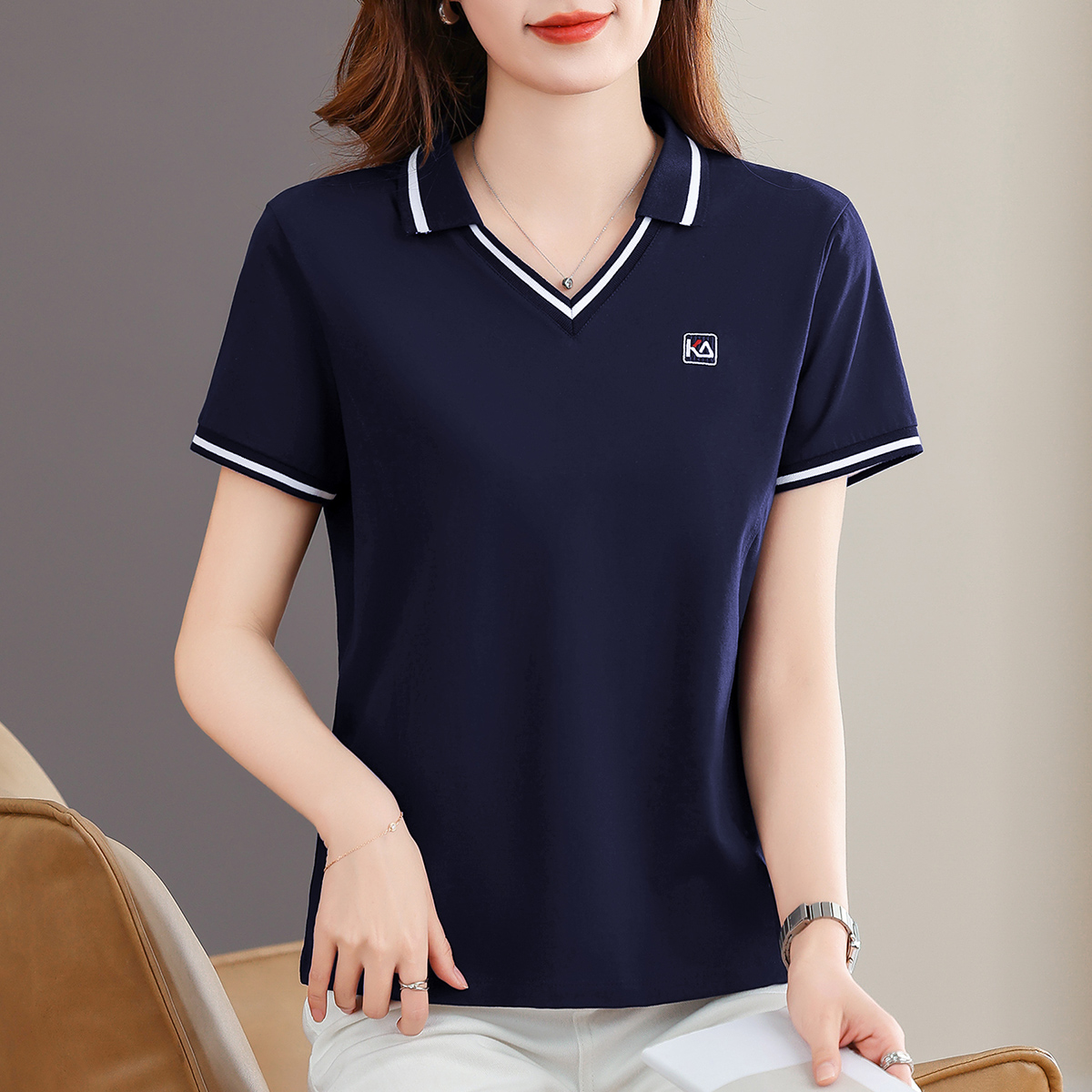 夏季精梳棉凉感透气翻领短袖女洋气休闲t恤2025新款时尚妈妈上衣