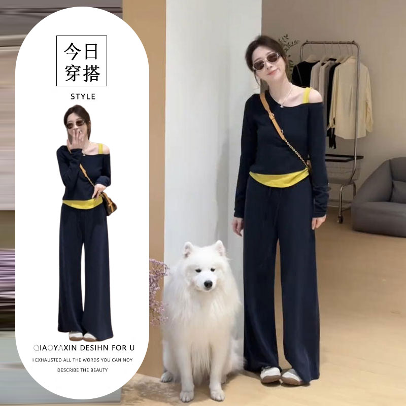 2025早秋季新款韩系设计感撞色假两件斜肩上衣高腰休闲裤两件套女