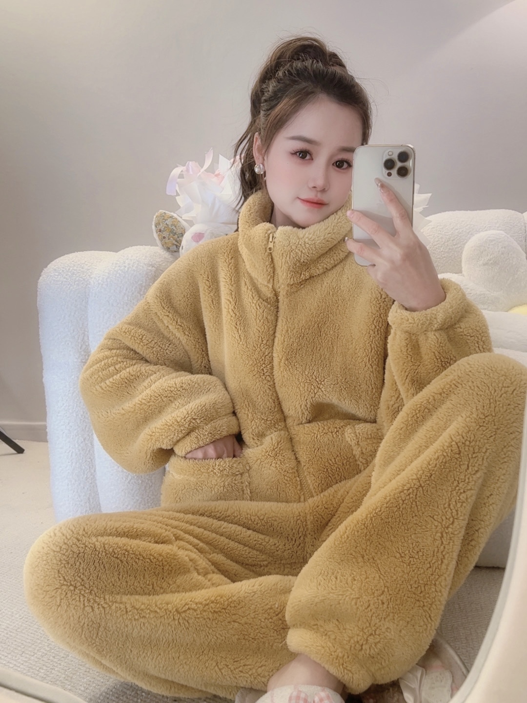 加厚睡衣女款保暖上衣松紧带立领家居服冬季长袖时尚