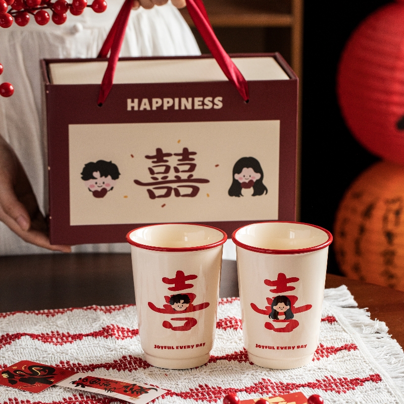卡通喜庆喜气红色陶瓷马克杯喝水杯子下午茶杯咖啡杯家用情侣对杯